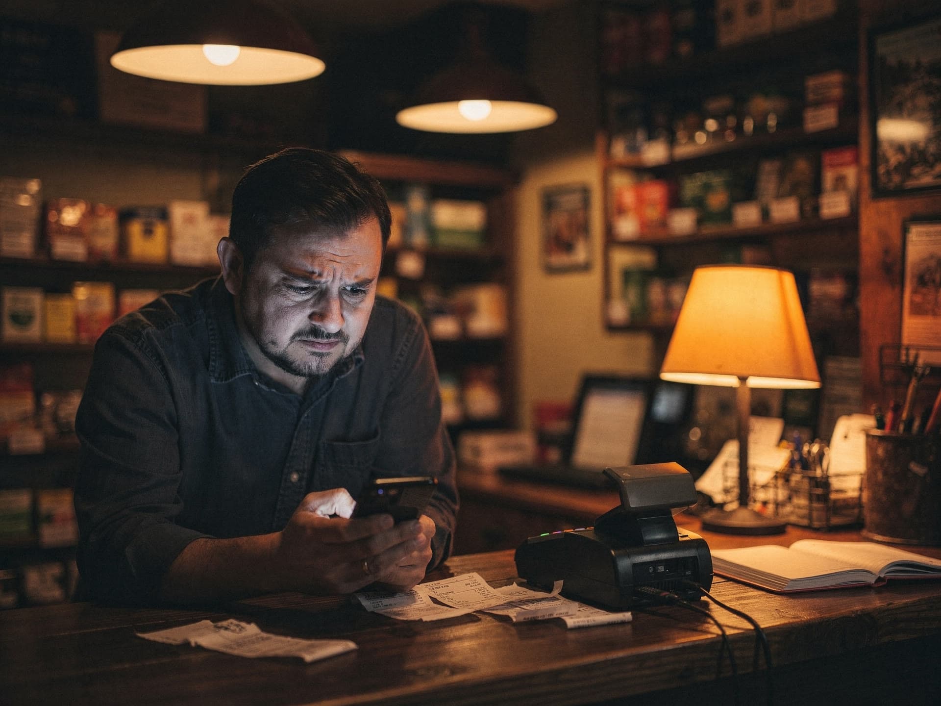 A small-business owner at a counter checking a phone that shows a held payout