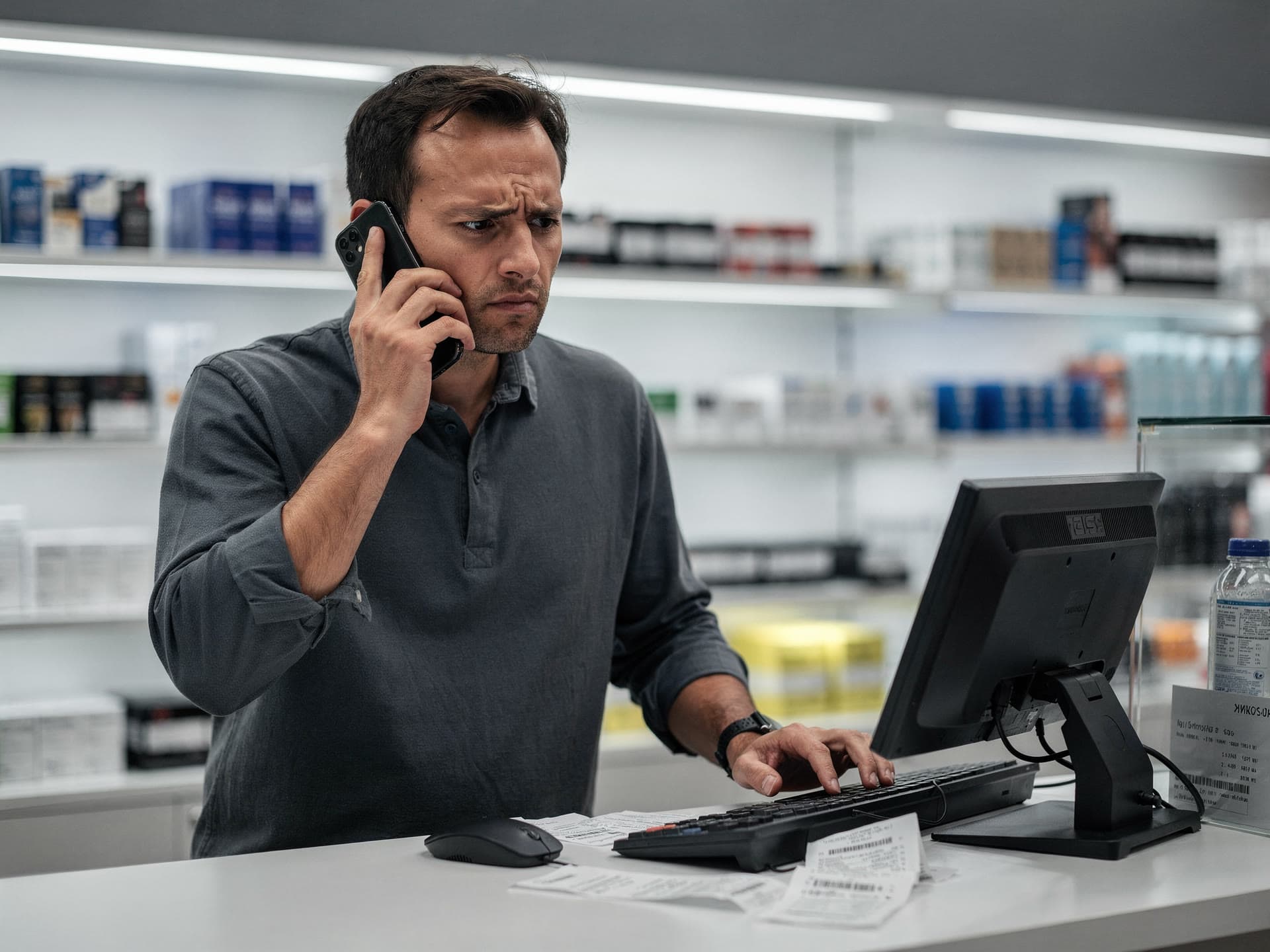 A frustrated shop owner on hold with an automated phone system in a modern store