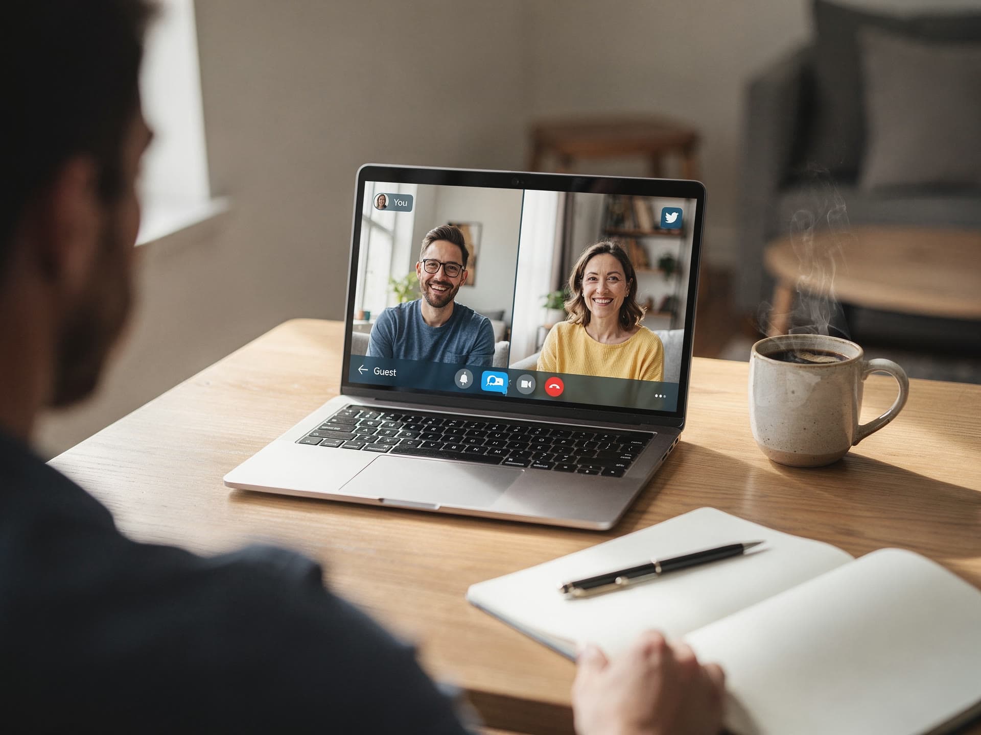 A friendly video consultation on a laptop on a modern desk with a notepad