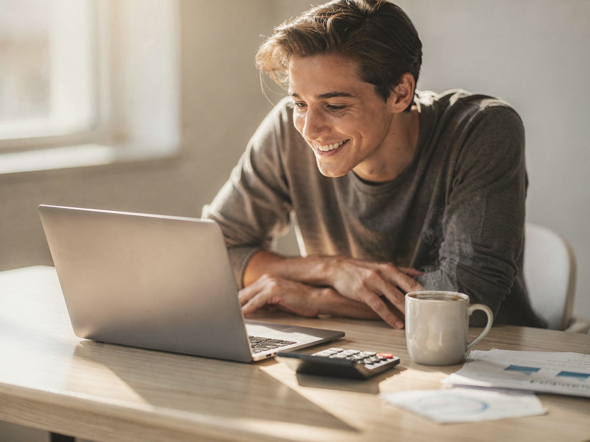 A business owner reviewing savings on a laptop with a calculator and coffee