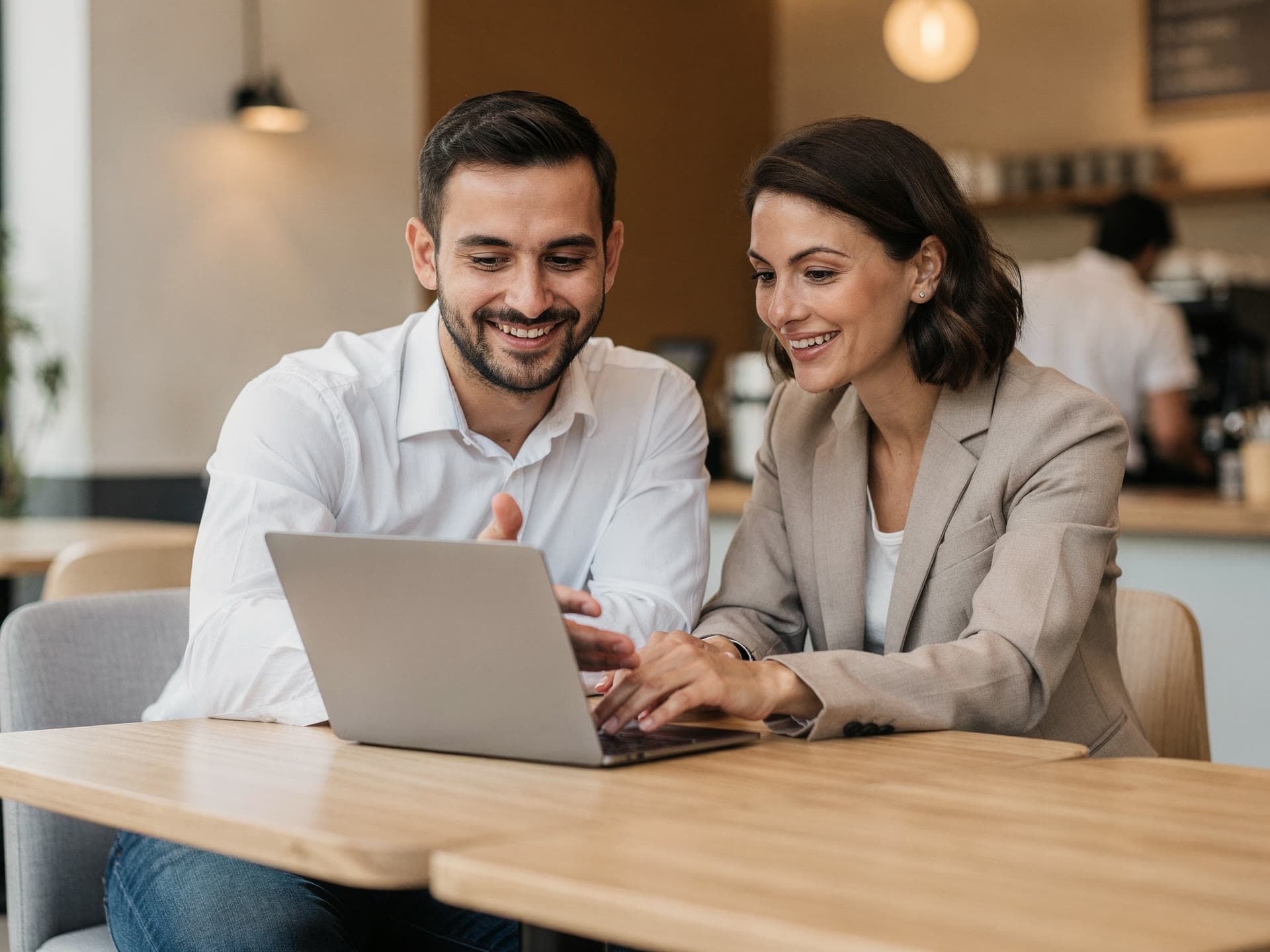 A business owner and a consultant reviewing something together on a laptop at a cafe table