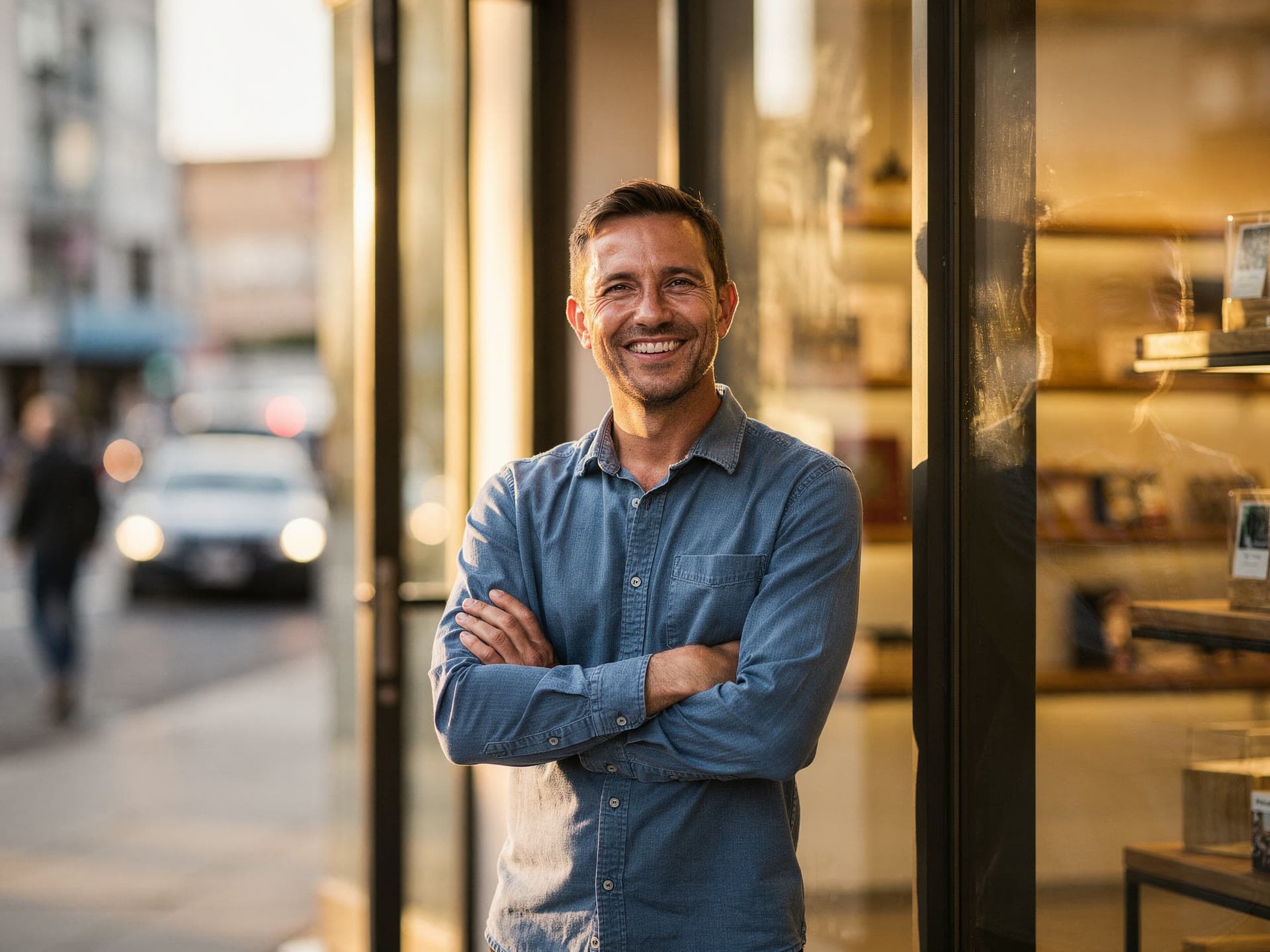 A confident local shop owner standing in their modern storefront in warm light