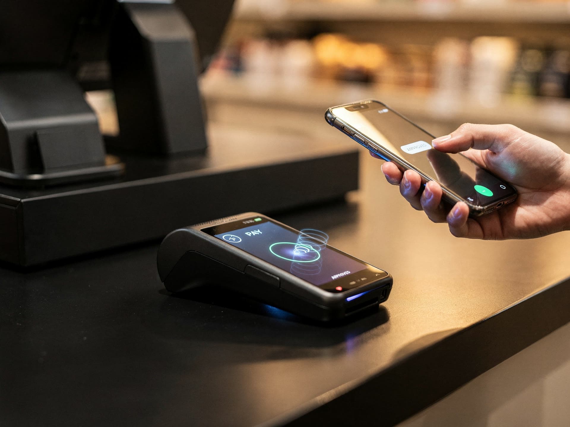 A modern retail counter with a card terminal completing a tap payment