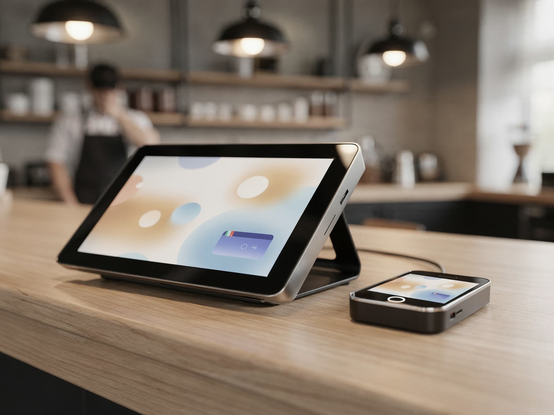 A smart point-of-sale terminal and card reader on a cafe countertop